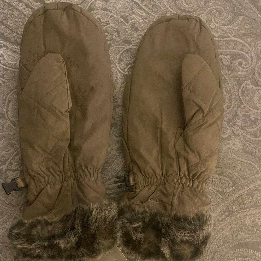 Eddie Bauer Tan Quilted Mittens with Faux Fur Trim